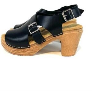 Calou Bibbi Leather Clogs Size 41 Black Open Toe Heeled Shoes Adjustable Straps